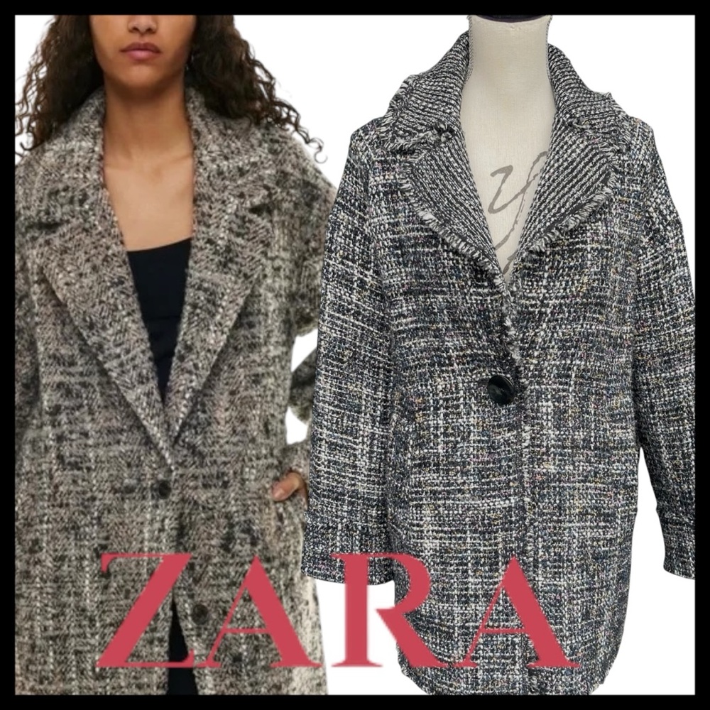 Zara Black/Multi-Colour One Button Fringe Edge Tweed Jacket (M)